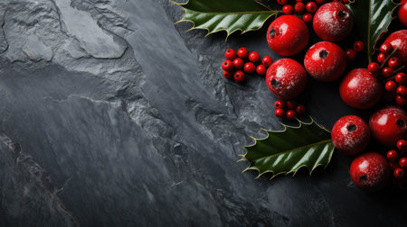 Christmas decoration with red berries on black stone table. Top view with copy spaceの素材