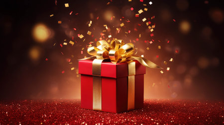 Red gift box with golden ribbon and confetti on shiny red backgroundの素材