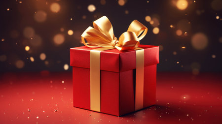 Red gift box with golden bow on red background.の素材