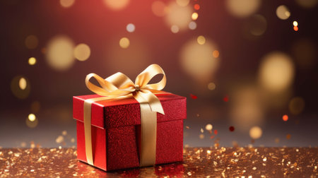 Gift box, gift for christmas or new year with gold ribbon on bokeh background.の素材