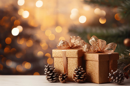 Christmas gift box and pine cones and branches on wooden table with bokeh garland lightsの素材