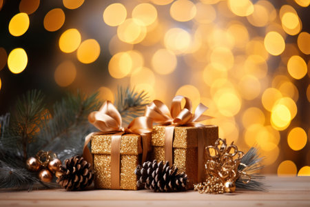 Christmas gift box and pine cones and branches and Christmas decorations on wooden table with bokeh garland lightsの素材