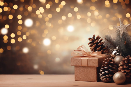 Christmas gift box and pine cones and branches and Christmas balls on wooden table with bokeh garland lightsの素材