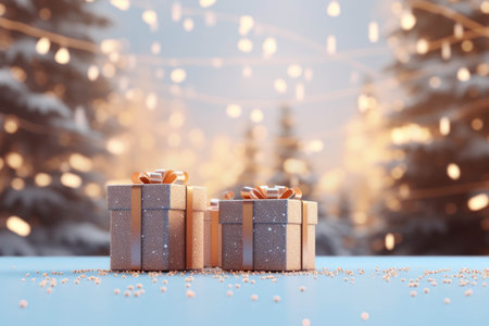 Christmas gift boxes on bokeh lights background with place for textの素材