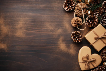 Christmas gift box and pine cones on wooden background. Top view with copy spaceの素材
