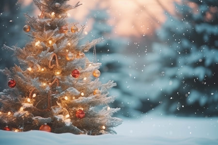 Christmas tree in the snow decorated with red and gold baubles on lights bokeh background. Christmas background. New Year card.の素材