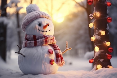 Smiling nowman with scarf and hat in the winter forest at sunset. Christmas and New Year concept.の素材