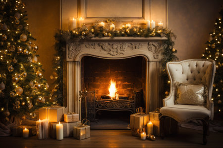 Christmas tree, fireplace and gifts on a wooden floor in the living roomの素材