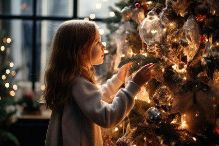 Cute little girl decorating Christmas tree in the living room.の素材