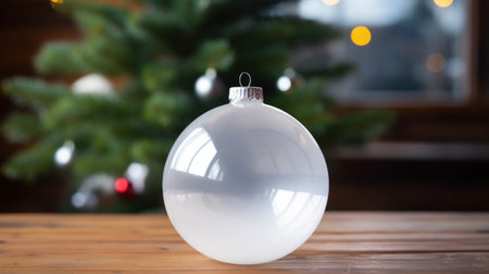 White transparent Christmas ball on a wooden table against the background of a Christmas tree. New year toy decoration.の素材