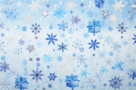 Drawn painted snowflakes on a cold blue winter background. Template for card, invitation, bannerの素材