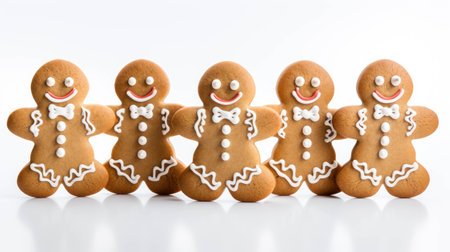 Freshly baked sweet gingerbread men on white background. Design for xmasの素材