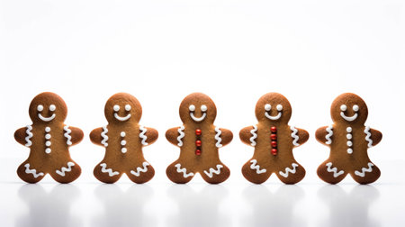 Five freshly baked sweet gingerbread men on white background. Design for xmasの素材