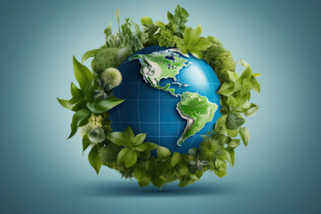 Globe, planet earth full of greenery. The concept of caring for nature and the environment. International Mother Earth Day.の素材