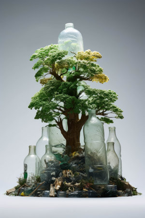 Pollution concept. Green tree in area full of trash and plastic bottles. Save planet.の素材