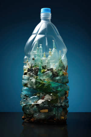 Pollution concept. Plastic bottle full of plastic and dirty garbage. Save planet.の素材