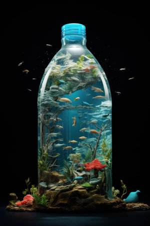 Underwater world with many fish that live in a plastic bottle. Worldwide problem of plastic pollution under the sea.の素材