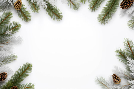 White background with Christmas tree branches and cones around the edges with space for text. Great for New Year banners, cards, posters.の素材