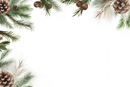 White background with Christmas tree branches and cones around the edges with space for text. Great for New Year banners, cards, posters.の素材