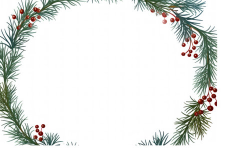 Watercolor Christmas frame with fir branches and red berries on white background. With a place for text. For greeting card and invitation.の素材
