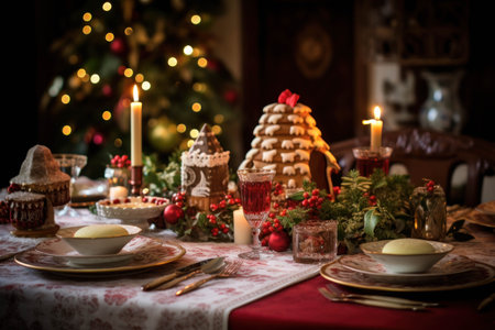 Festive table setting for the New Year or anniversary. Champagne, berries, flowers, candles on the table.の素材