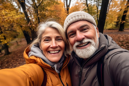 Cute elderly couple taking selfie in autumn parkの素材