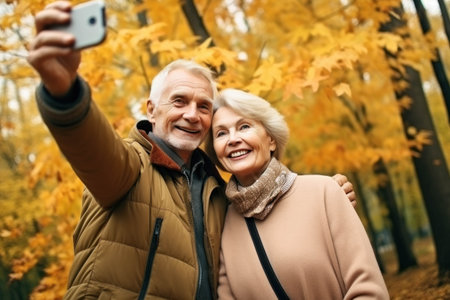 Cute elderly couple taking selfie in autumn parkの素材