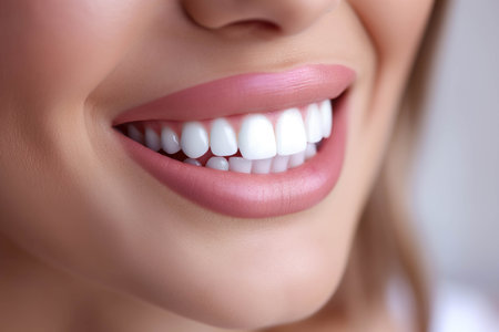 Perfect healthy teeth smile of a young woman. Teeth whitening. Dental clinic patient. Dentistry concept.の素材