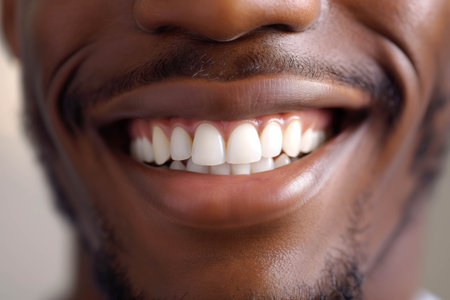 Close up view of beaming white wide male smile, African black man with healthy straight clean teeth, tooth health care whitening dentistry conceptの素材