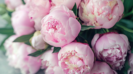 Bouquet of pink blooming peonies, holiday background, pastel and soft floral card, selective focusの素材