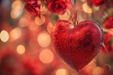 Valentine's day card with big red heart, lights in the backgroundの素材