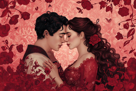 Saint Valentine's day card with young couple in love kissing on a red background with flowersの素材