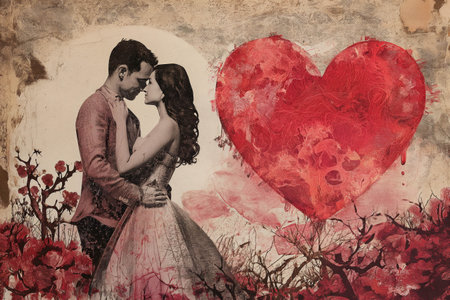 Saint Valentine's day card with young couple in love kissing on background with big heartの素材