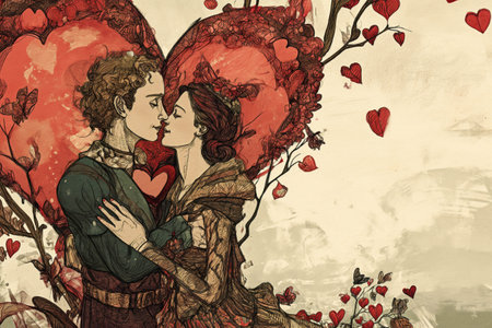 Saint Valentine's day card with young couple in love kissing on background with big heartの素材