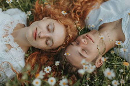 Happy couple in love lying in a field of flowers. Romance, emotional and love sceneの素材