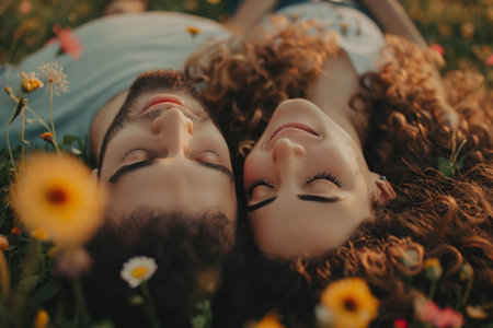 Happy couple in love lying in a field of flowers. Romance, emotional and love sceneの素材