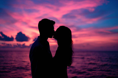 Silhouette of a young couple in love kissing on background of the pink sky during sunset.の素材