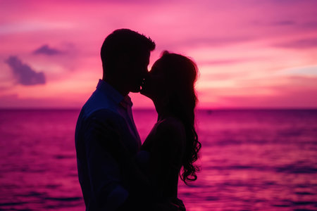 Silhouette of a young couple in love kissing on background of the pink sky during sunset.の素材