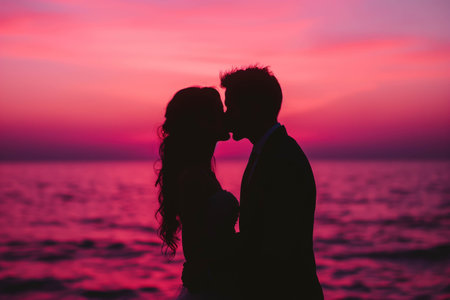 Silhouette of a young couple in love kissing on background of the pink sky during sunset.の素材
