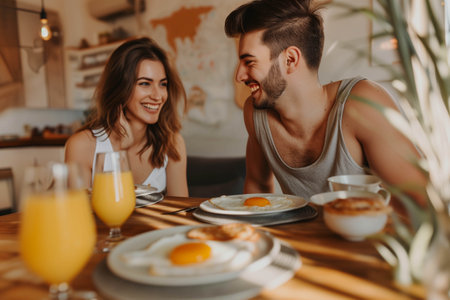 Happy couple eating breakfast and talking at dining table in the morning. Focus is on man.の素材