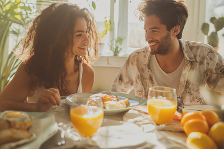 Happy couple eating breakfast and talking at dining table in the morning in a bright room.の素材