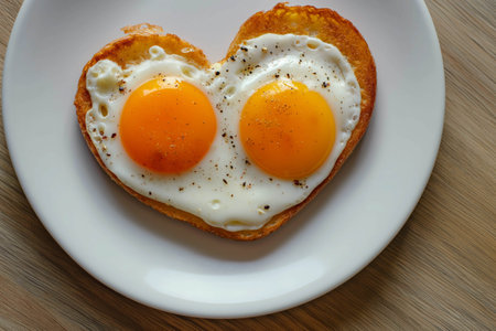 Fried egg in shape of heart on white plate top viewの素材