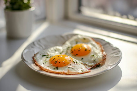 Fried eggs in a white plate flooded with morning sunlight by the windowの素材