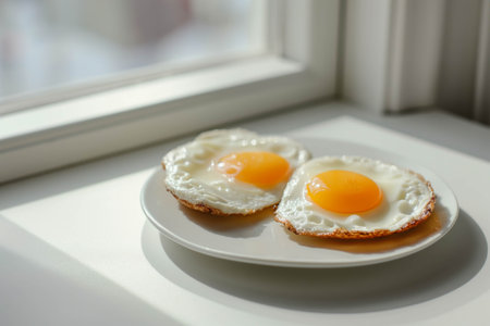 Fried eggs in a white plate flooded with morning sunlight by the windowの素材