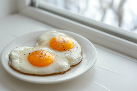 Fried eggs in a white plate near the windowの素材
