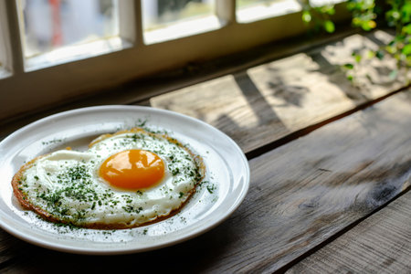 Fried eggs in a white plate flooded with morning sunlight by the windowの素材