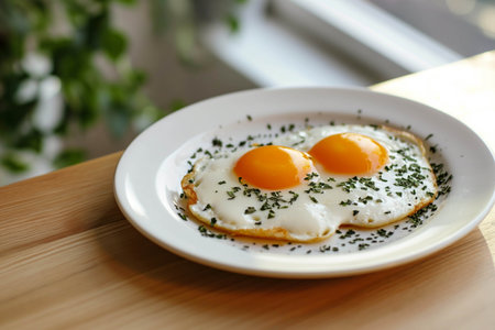 Fried eggs in a white plate flooded with morning sunlight by the windowの素材
