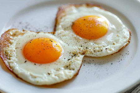 Fried eggs sprinkled with pepper in a white plateの素材