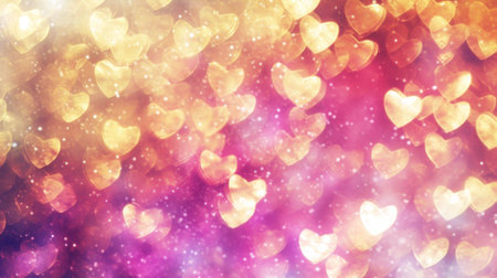 Blurred Valentine's Day concept background. Cute pink and yellow soft gradient blurred wallpaper with hearts bokeh.の素材