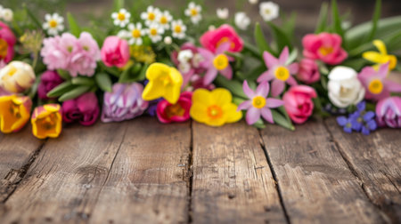 Empty wooden table with flowers, selective focus. Template mock up for display of productの素材